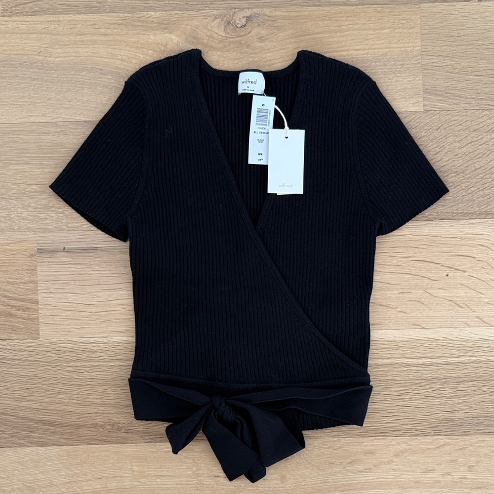 Wilfred Black Ribbed Short-Sleeved Wrap Blouse